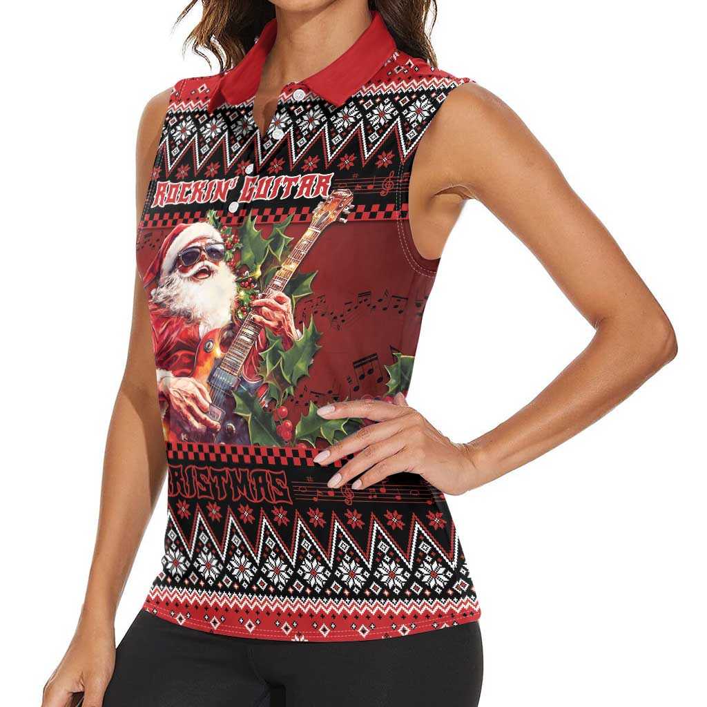 Guitar Christmas Women Sleeveless Polo Shirt Rocking Santa - Wonder Print Shop