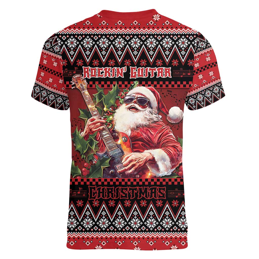 Guitar Christmas Women V-Neck T-Shirt Rocking Santa - Wonder Print Shop