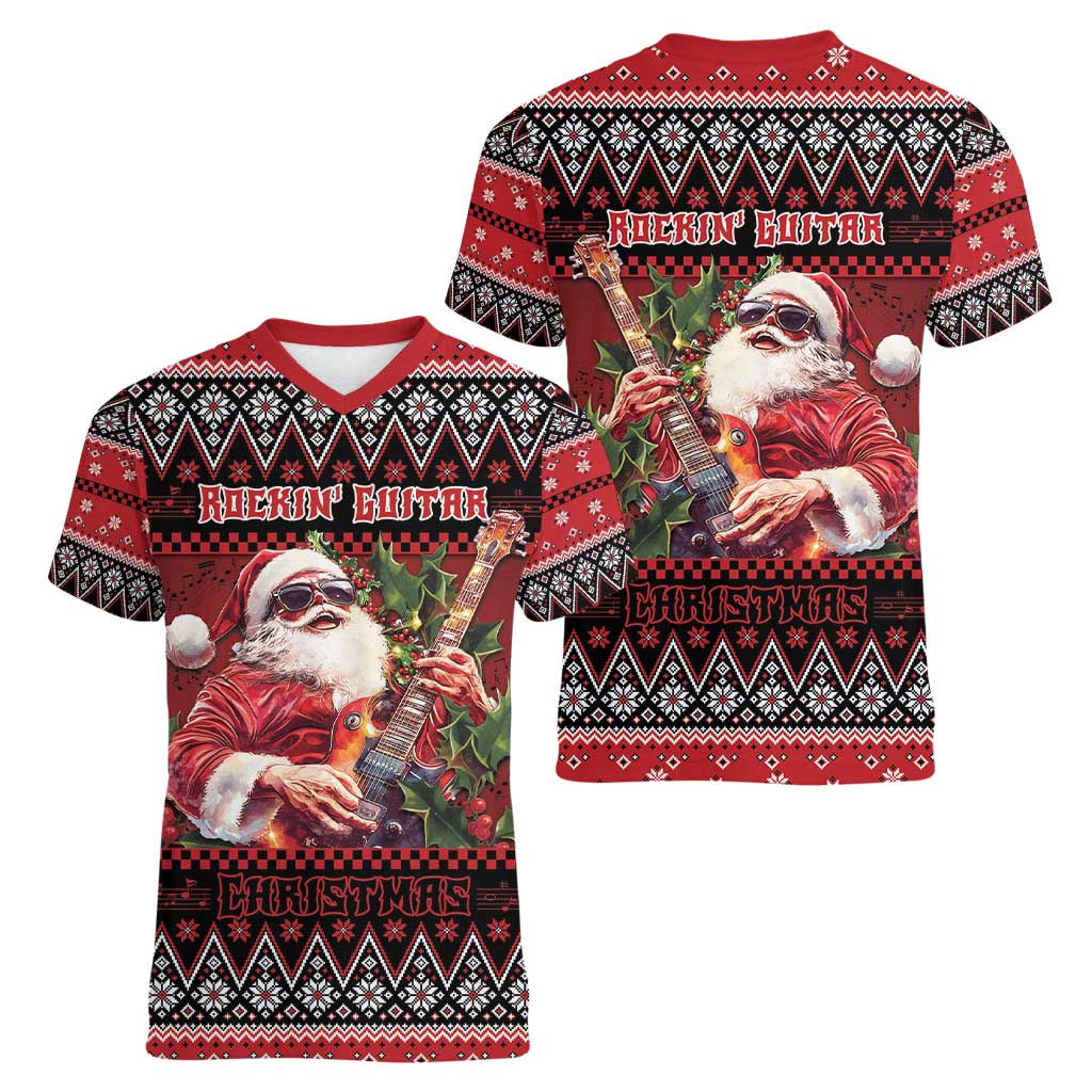 Guitar Christmas Women V-Neck T-Shirt Rocking Santa - Wonder Print Shop