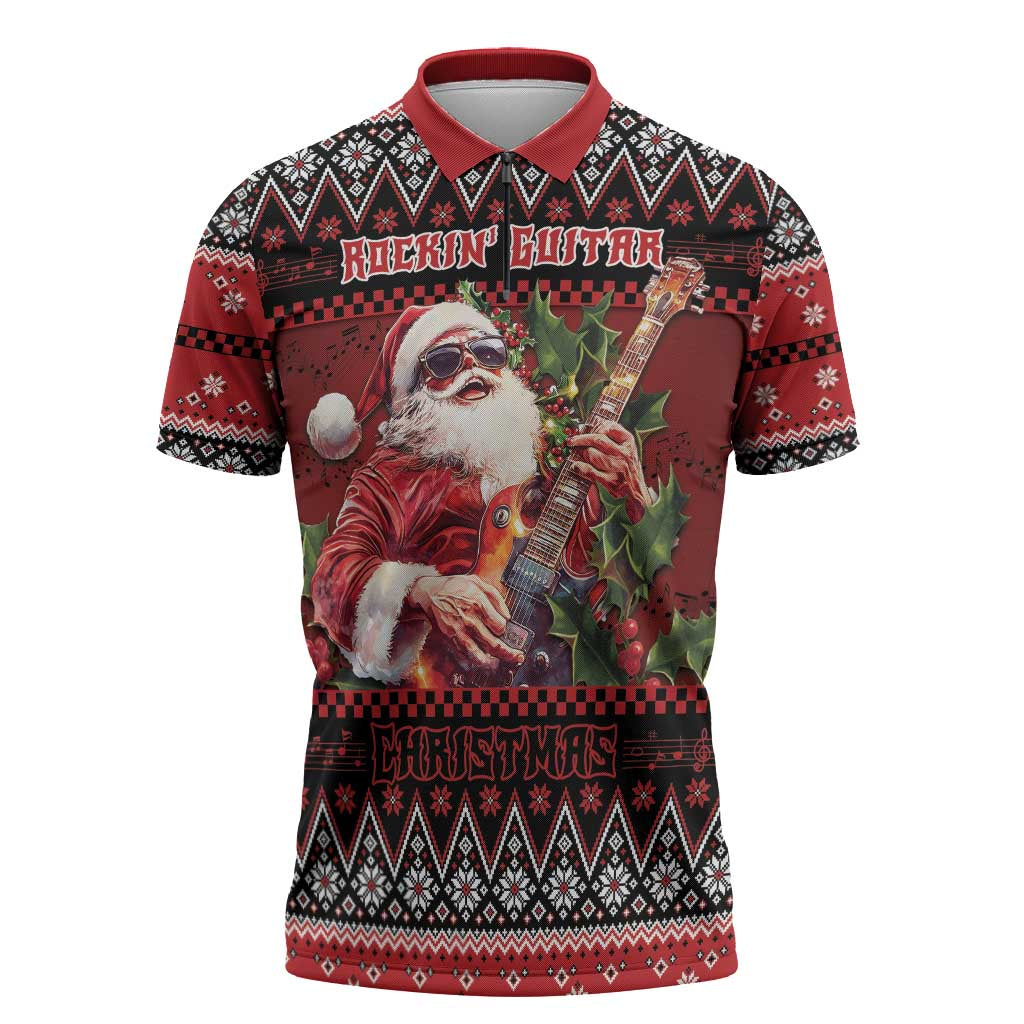 Guitar Christmas Zipper Polo Shirt Rocking Santa - Wonder Print Shop
