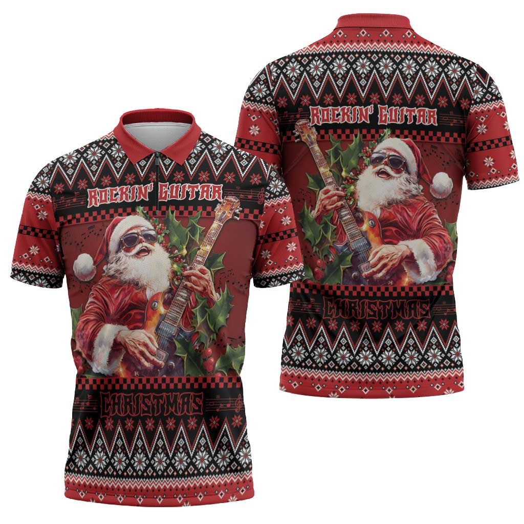 Guitar Christmas Zipper Polo Shirt Rocking Santa - Wonder Print Shop