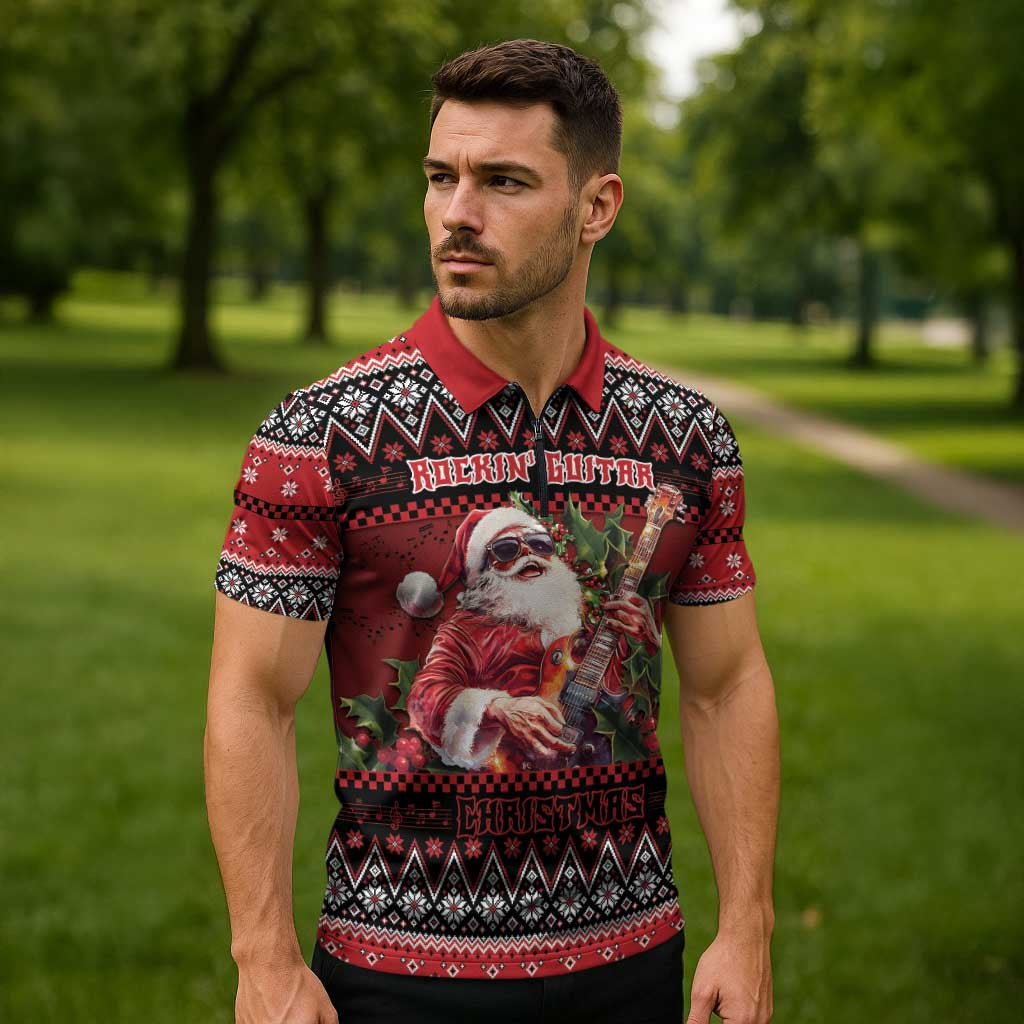 Guitar Christmas Zipper Polo Shirt Rocking Santa - Wonder Print Shop
