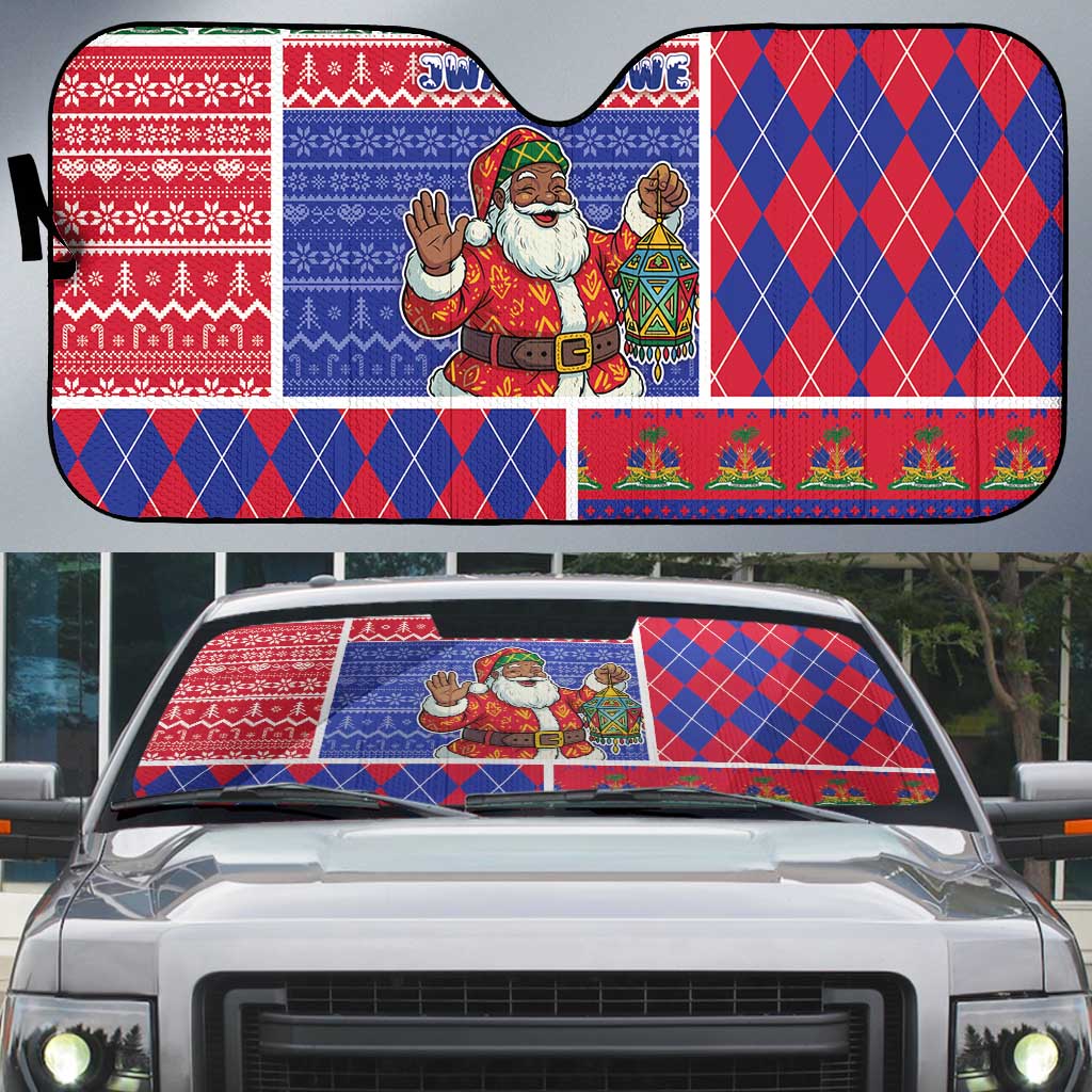 Haiti Christmas Auto Sun Shade Santa With Fanal Haitian Patchwork Style - Wonder Print Shop