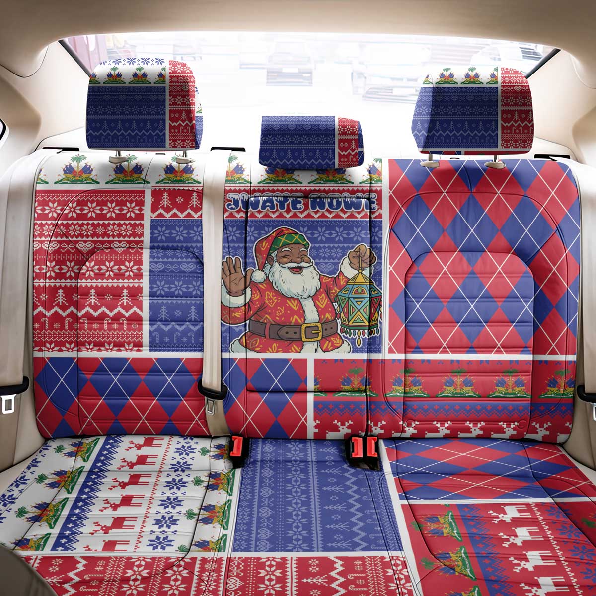 Haiti Christmas Back Car Seat Cover Santa With Fanal Haitian Patchwork Style - Wonder Print Shop