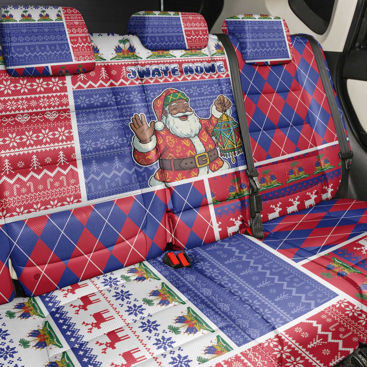Haiti Christmas Back Car Seat Cover Santa With Fanal Haitian Patchwork Style - Wonder Print Shop