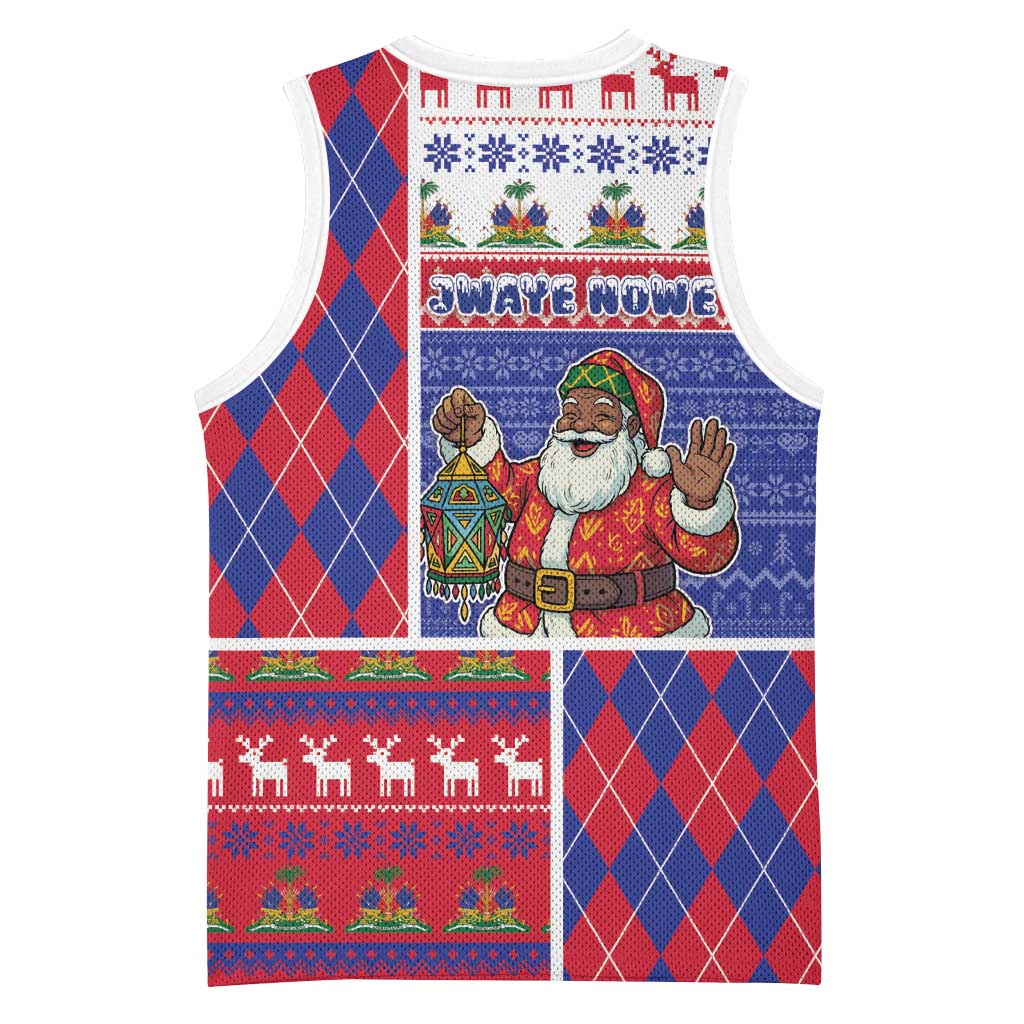 Haiti Christmas Basketball Jersey Santa With Fanal Haitian Patchwork Style - Wonder Print Shop