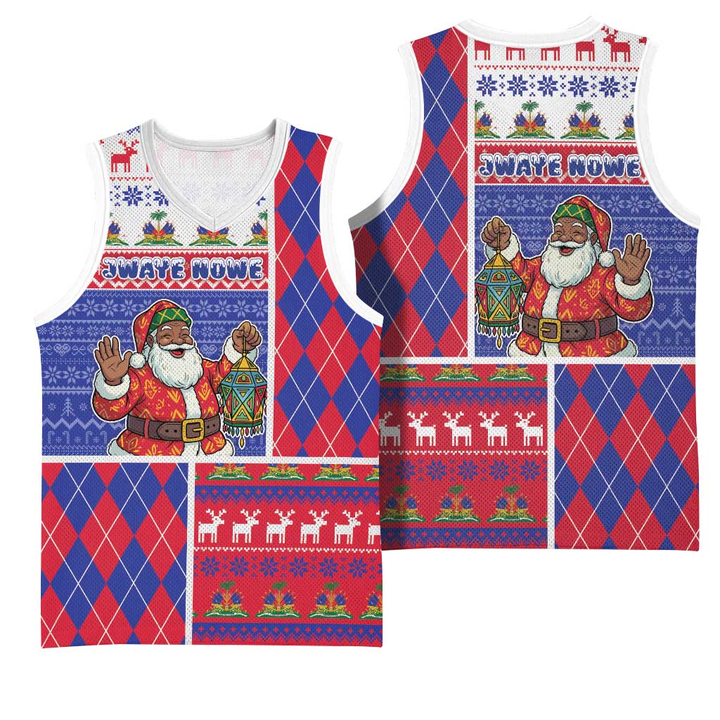 Haiti Christmas Basketball Jersey Santa With Fanal Haitian Patchwork Style - Wonder Print Shop