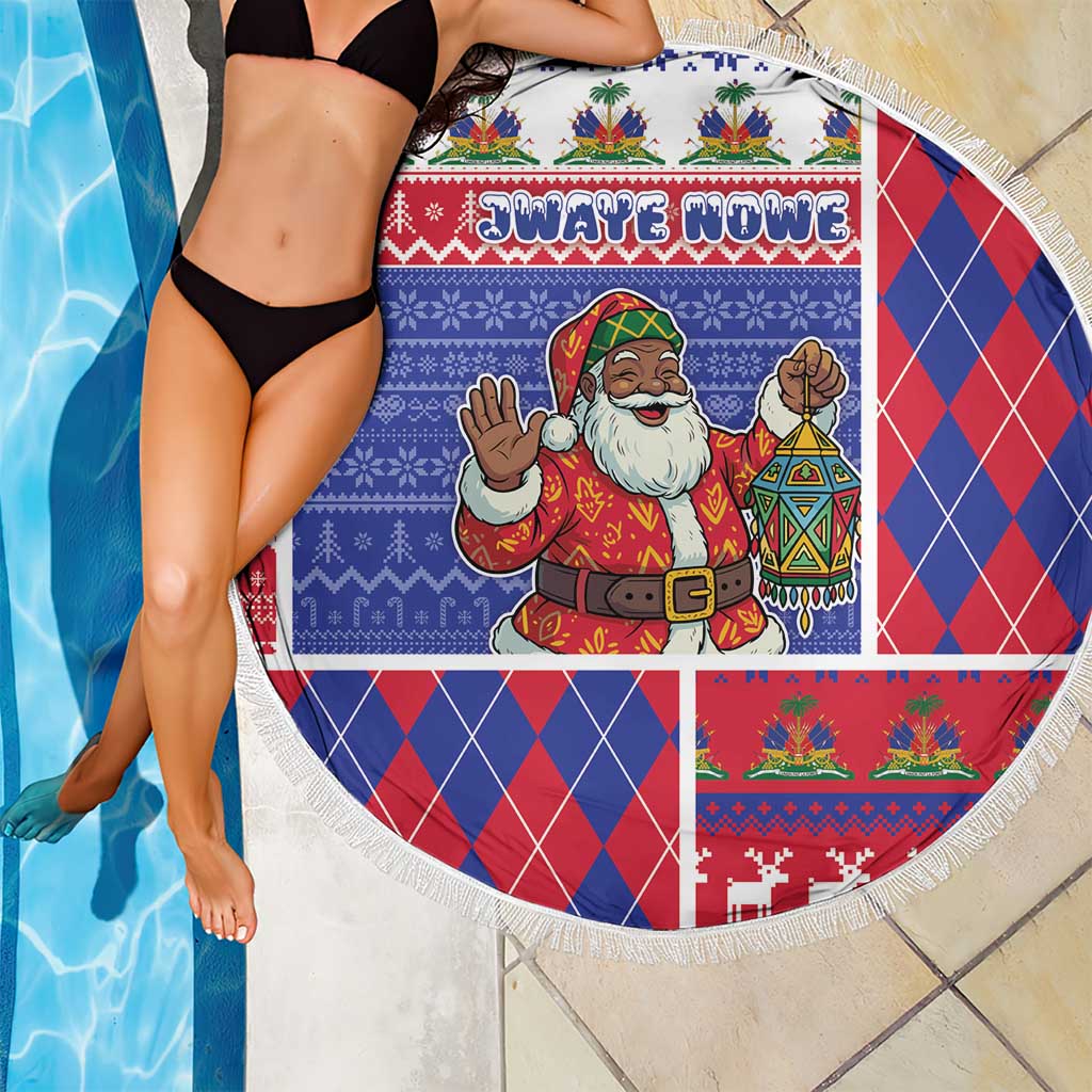 Haiti Christmas Beach Blanket Santa With Fanal Haitian Patchwork Style - Wonder Print Shop