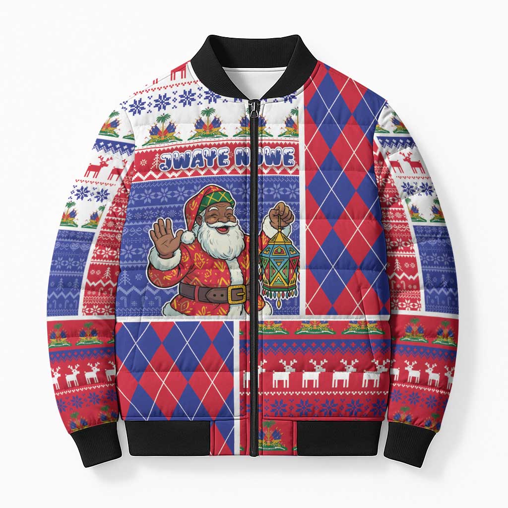 Haiti Christmas Bomber Puffer Jacket Santa With Fanal Haitian Patchwork Style - Wonder Print Shop