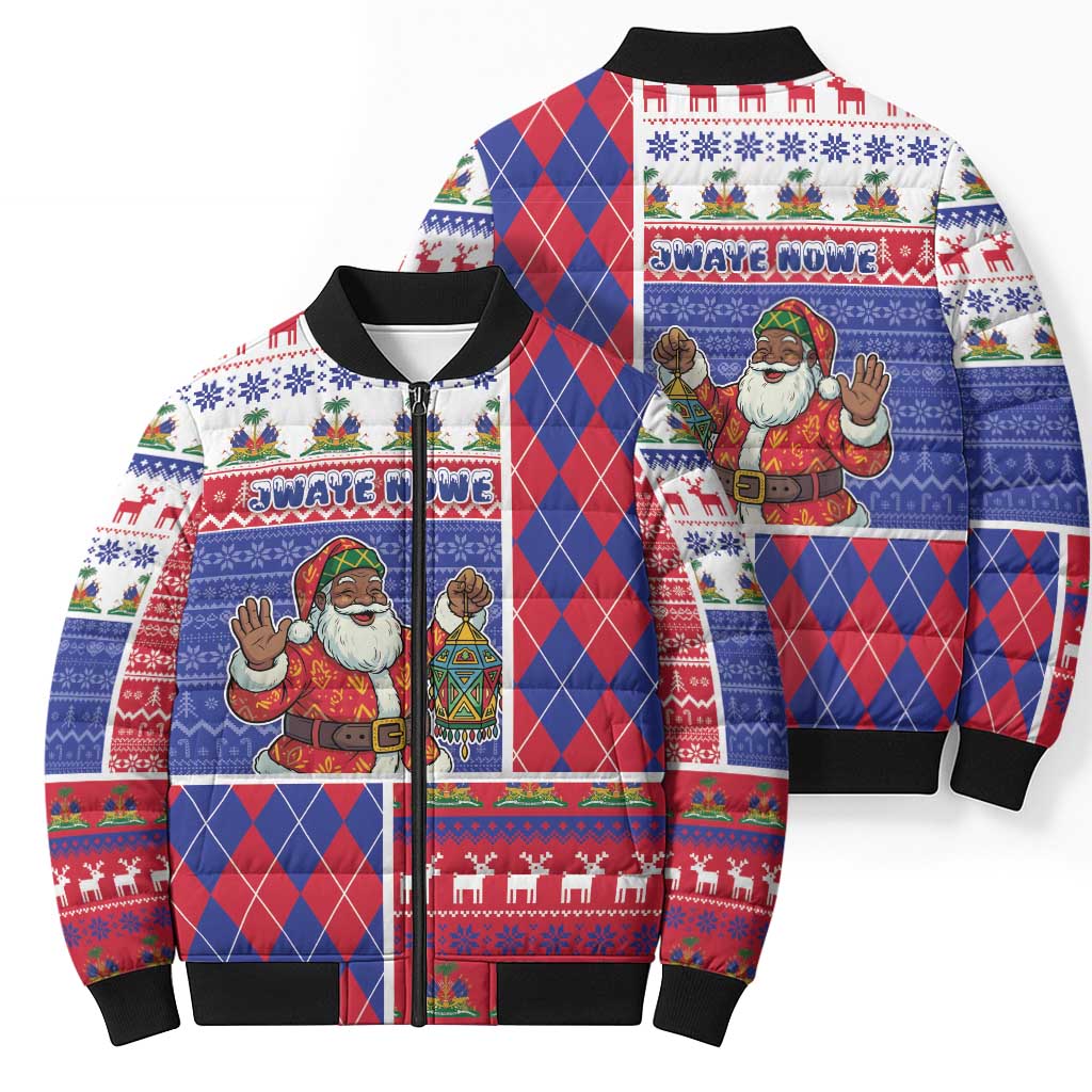 Haiti Christmas Bomber Puffer Jacket Santa With Fanal Haitian Patchwork Style - Wonder Print Shop