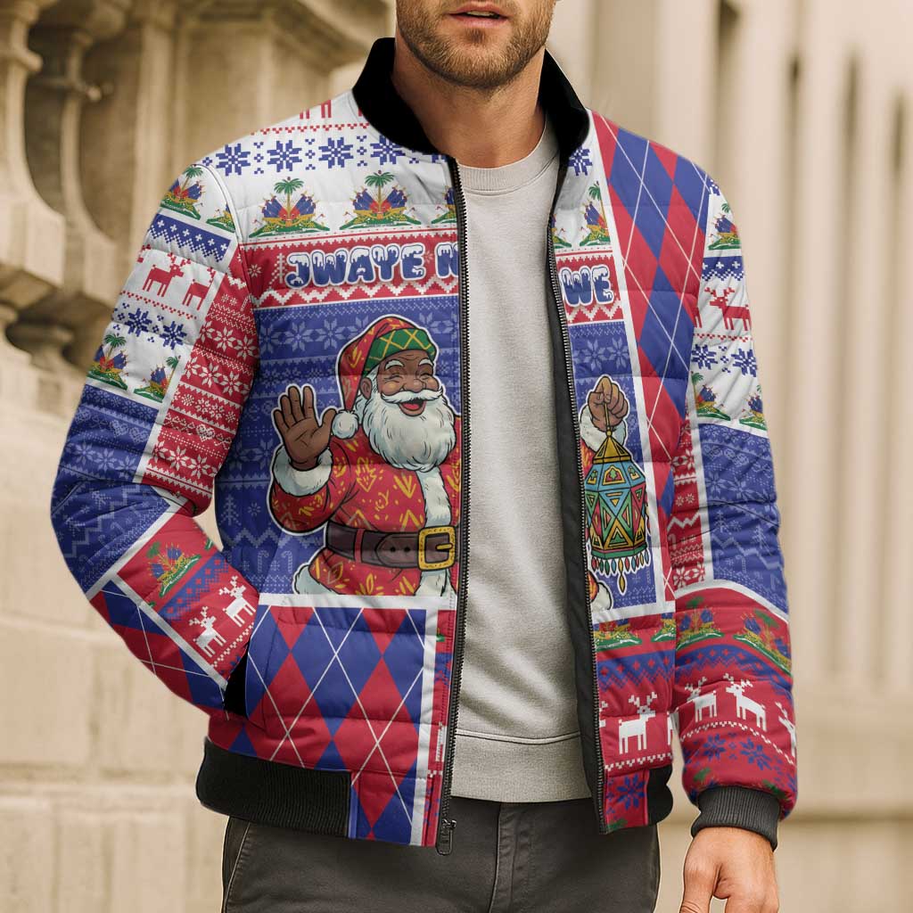 Haiti Christmas Bomber Puffer Jacket Santa With Fanal Haitian Patchwork Style - Wonder Print Shop