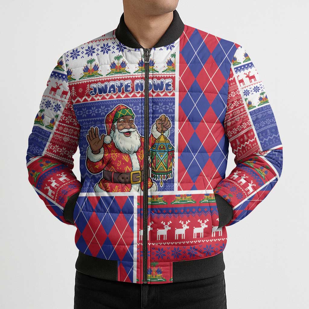 Haiti Christmas Bomber Puffer Jacket Santa With Fanal Haitian Patchwork Style - Wonder Print Shop