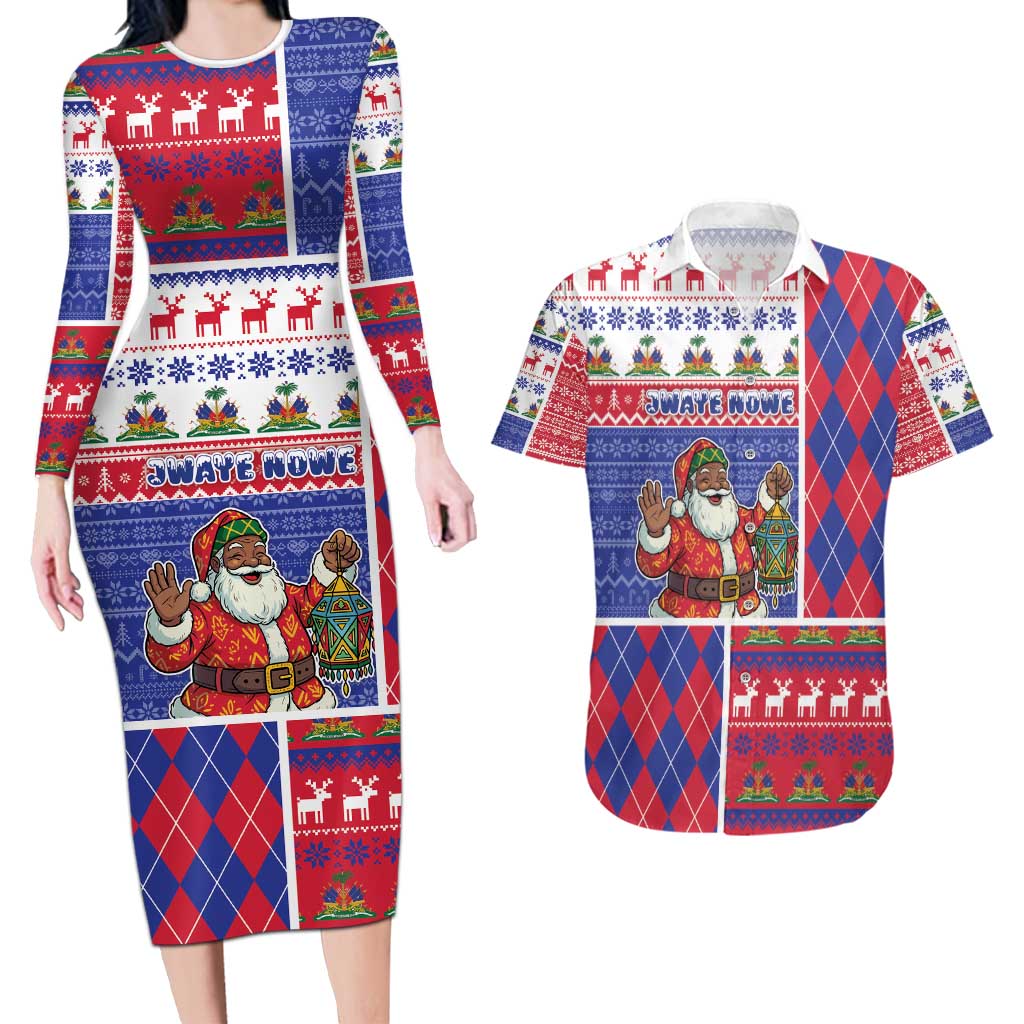 Haiti Christmas Couples Matching Long Sleeve Bodycon Dress and Hawaiian Shirt Santa With Fanal Haitian Patchwork Style - Wonder Print Shop