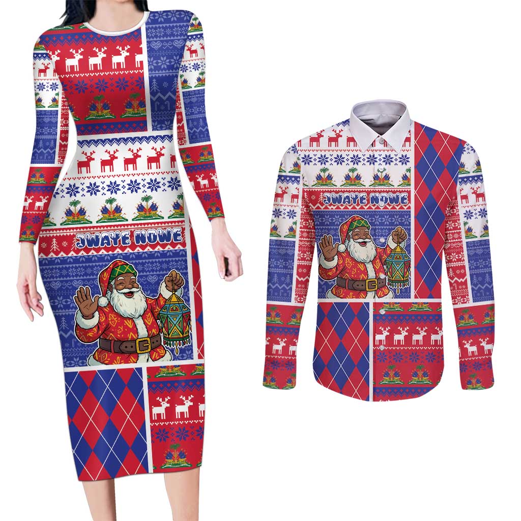 Haiti Christmas Couples Matching Long Sleeve Bodycon Dress and Long Sleeve Button Shirt Santa With Fanal Haitian Patchwork Style - Wonder Print Shop