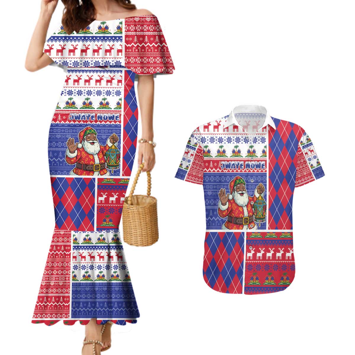 Haiti Christmas Couples Matching Mermaid Dress and Hawaiian Shirt Santa With Fanal Haitian Patchwork Style - Wonder Print Shop