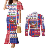 Haiti Christmas Couples Matching Mermaid Dress and Long Sleeve Button Shirt Santa With Fanal Haitian Patchwork Style - Wonder Print Shop