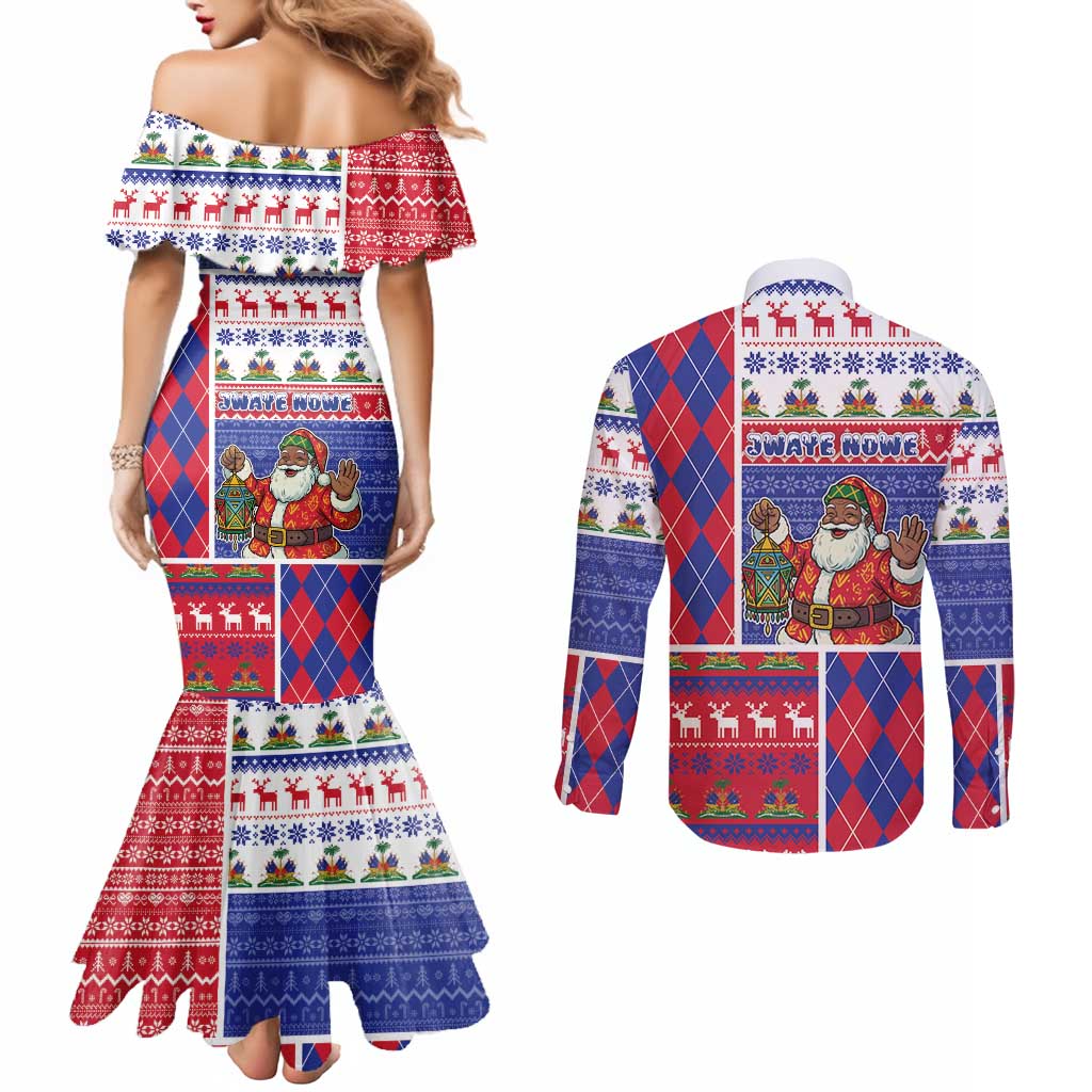 Haiti Christmas Couples Matching Mermaid Dress and Long Sleeve Button Shirt Santa With Fanal Haitian Patchwork Style - Wonder Print Shop