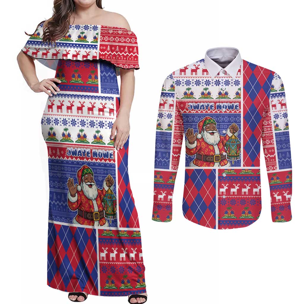 Haiti Christmas Couples Matching Off Shoulder Maxi Dress and Long Sleeve Button Shirt Santa With Fanal Haitian Patchwork Style - Wonder Print Shop