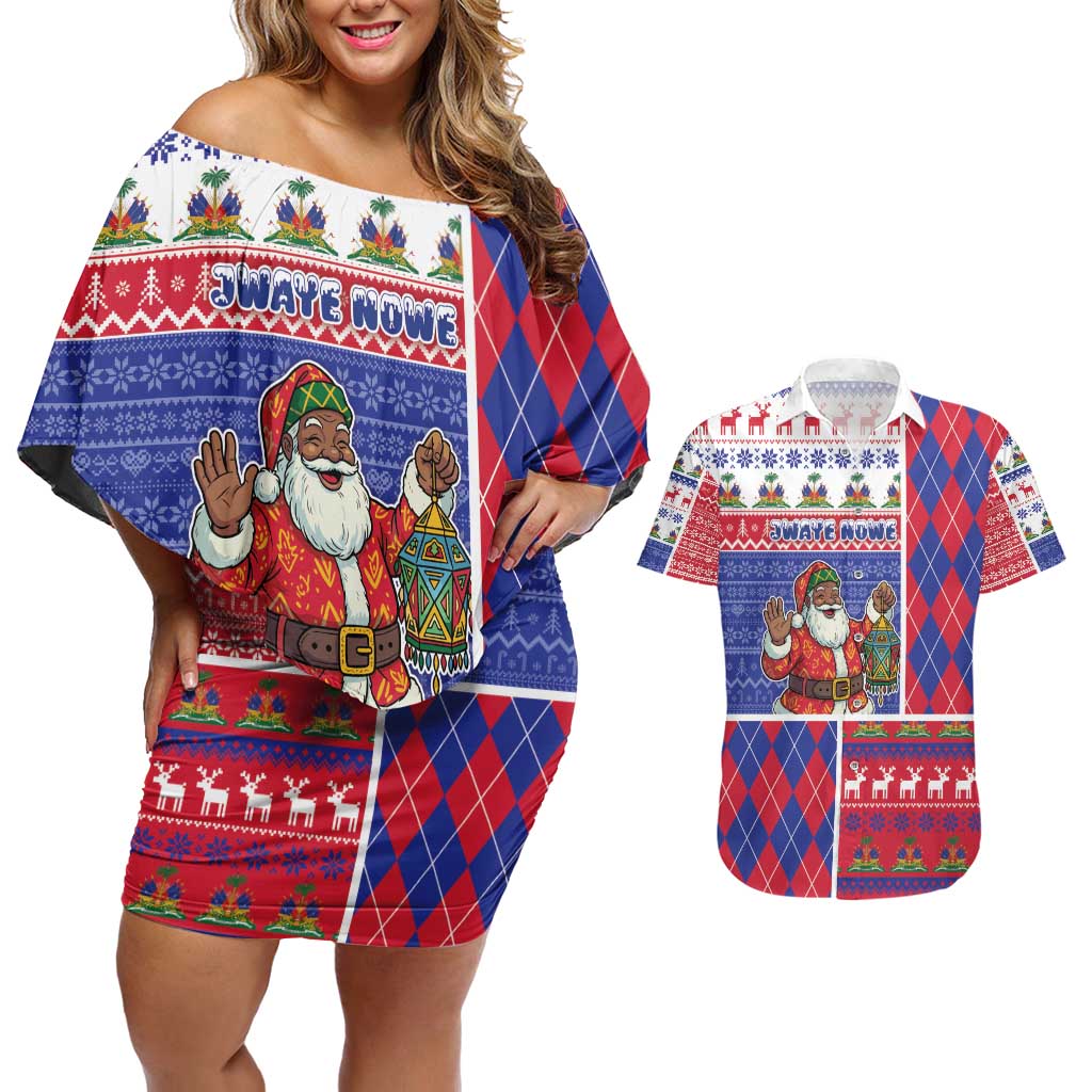 Haiti Christmas Couples Matching Off Shoulder Short Dress and Hawaiian Shirt Santa With Fanal Haitian Patchwork Style - Wonder Print Shop