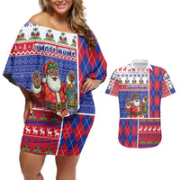 Haiti Christmas Couples Matching Off Shoulder Short Dress and Hawaiian Shirt Santa With Fanal Haitian Patchwork Style - Wonder Print Shop