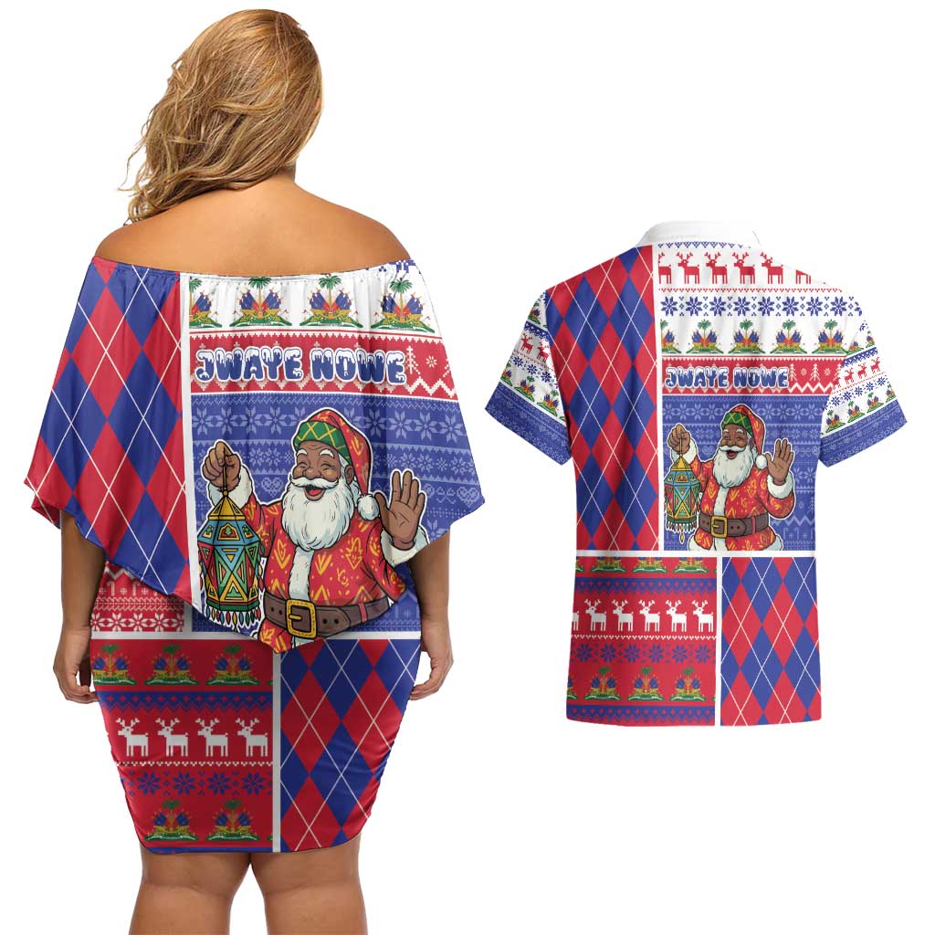 Haiti Christmas Couples Matching Off Shoulder Short Dress and Hawaiian Shirt Santa With Fanal Haitian Patchwork Style - Wonder Print Shop