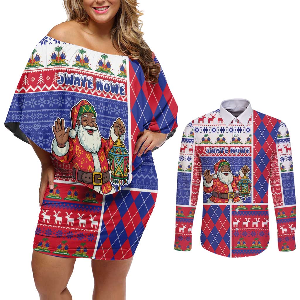 Haiti Christmas Couples Matching Off Shoulder Short Dress and Long Sleeve Button Shirt Santa With Fanal Haitian Patchwork Style - Wonder Print Shop