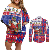 Haiti Christmas Couples Matching Off Shoulder Short Dress and Long Sleeve Button Shirt Santa With Fanal Haitian Patchwork Style - Wonder Print Shop
