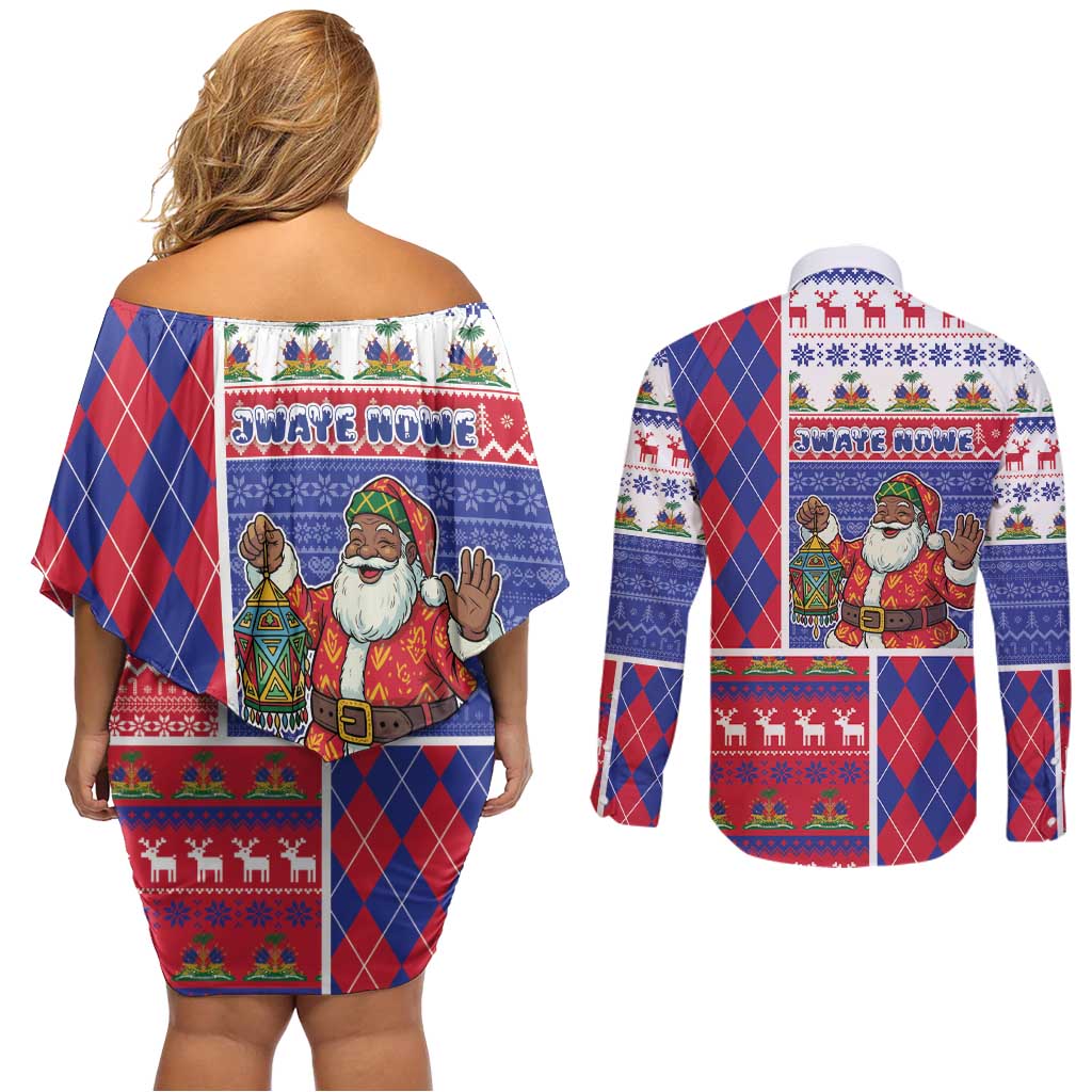 Haiti Christmas Couples Matching Off Shoulder Short Dress and Long Sleeve Button Shirt Santa With Fanal Haitian Patchwork Style - Wonder Print Shop