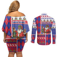 Haiti Christmas Couples Matching Off Shoulder Short Dress and Long Sleeve Button Shirt Santa With Fanal Haitian Patchwork Style - Wonder Print Shop