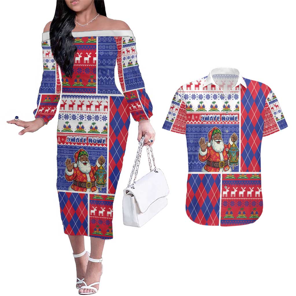 Haiti Christmas Couples Matching Off The Shoulder Long Sleeve Dress and Hawaiian Shirt Santa With Fanal Haitian Patchwork Style - Wonder Print Shop