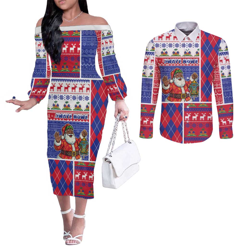 Haiti Christmas Couples Matching Off The Shoulder Long Sleeve Dress and Long Sleeve Button Shirt Santa With Fanal Haitian Patchwork Style - Wonder Print Shop