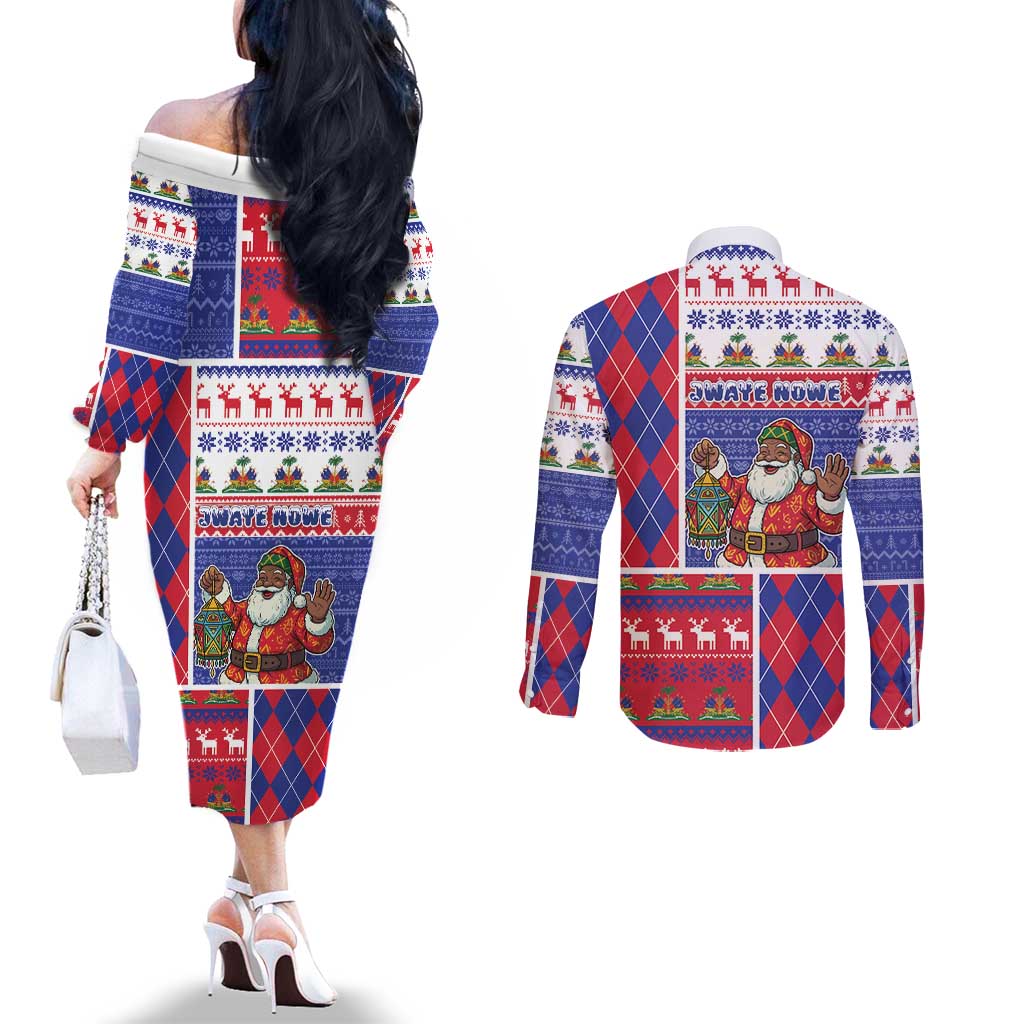Haiti Christmas Couples Matching Off The Shoulder Long Sleeve Dress and Long Sleeve Button Shirt Santa With Fanal Haitian Patchwork Style - Wonder Print Shop
