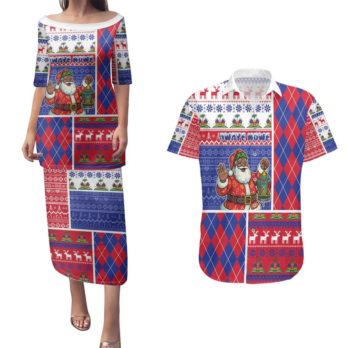 Haiti Christmas Couples Matching Puletasi and Hawaiian Shirt Santa With Fanal Haitian Patchwork Style - Wonder Print Shop