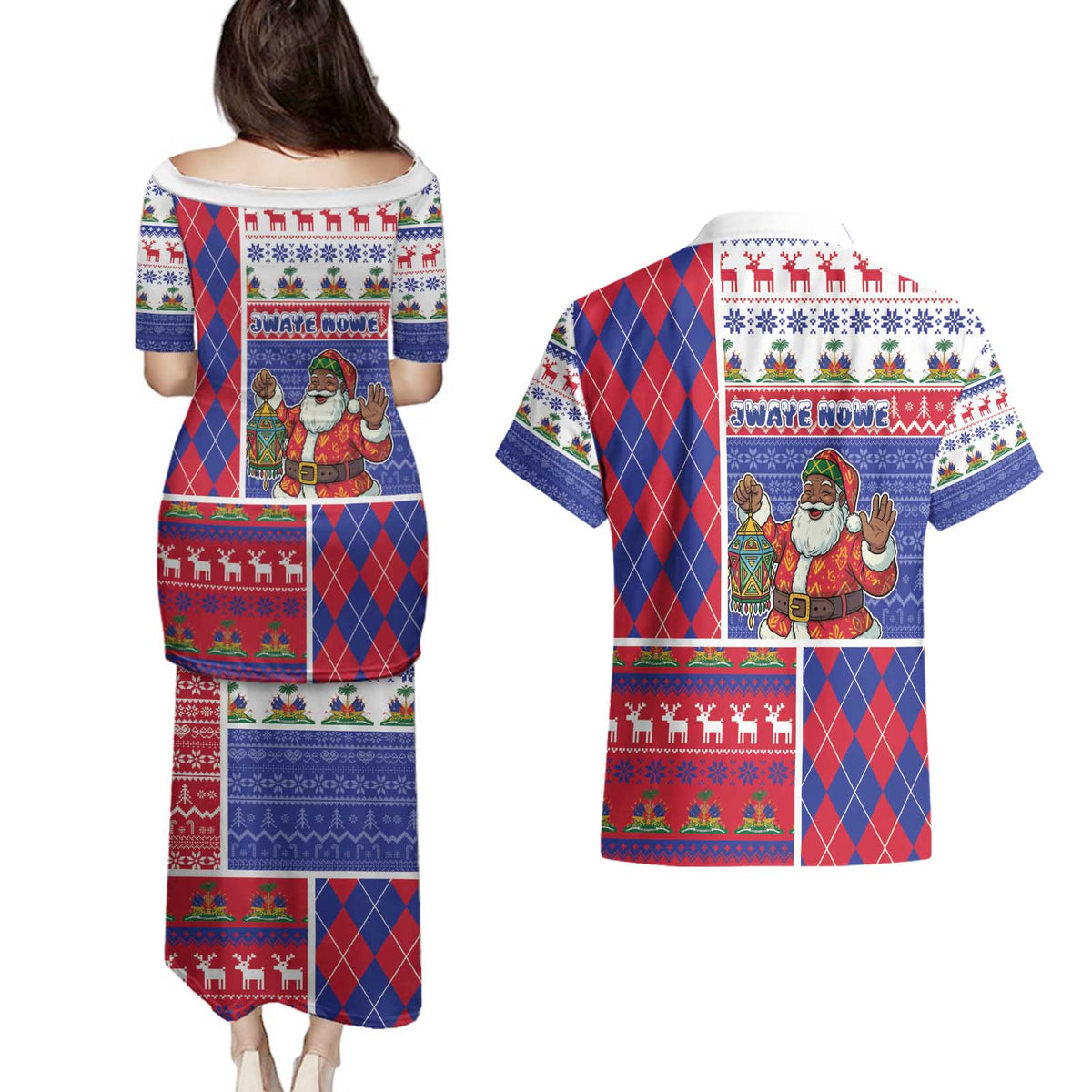 Haiti Christmas Couples Matching Puletasi and Hawaiian Shirt Santa With Fanal Haitian Patchwork Style - Wonder Print Shop
