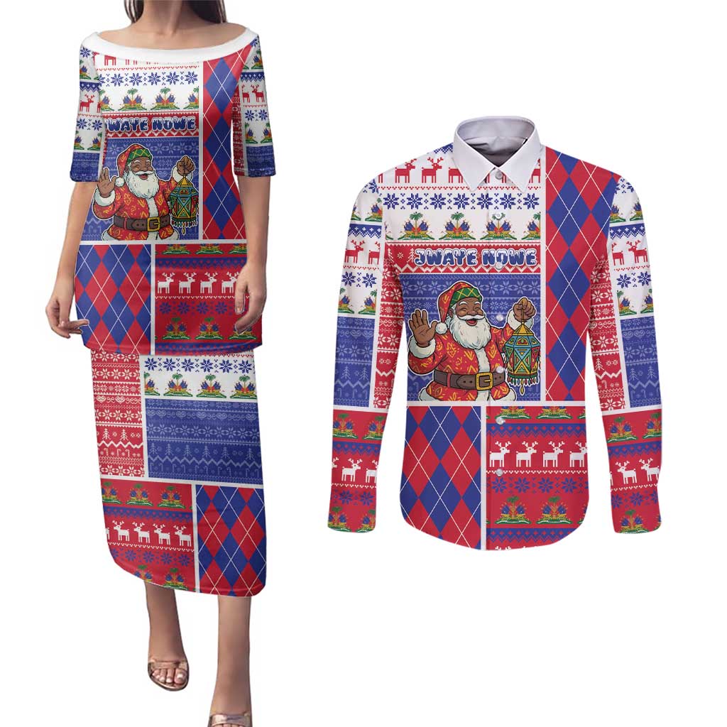 Haiti Christmas Couples Matching Puletasi and Long Sleeve Button Shirt Santa With Fanal Haitian Patchwork Style - Wonder Print Shop