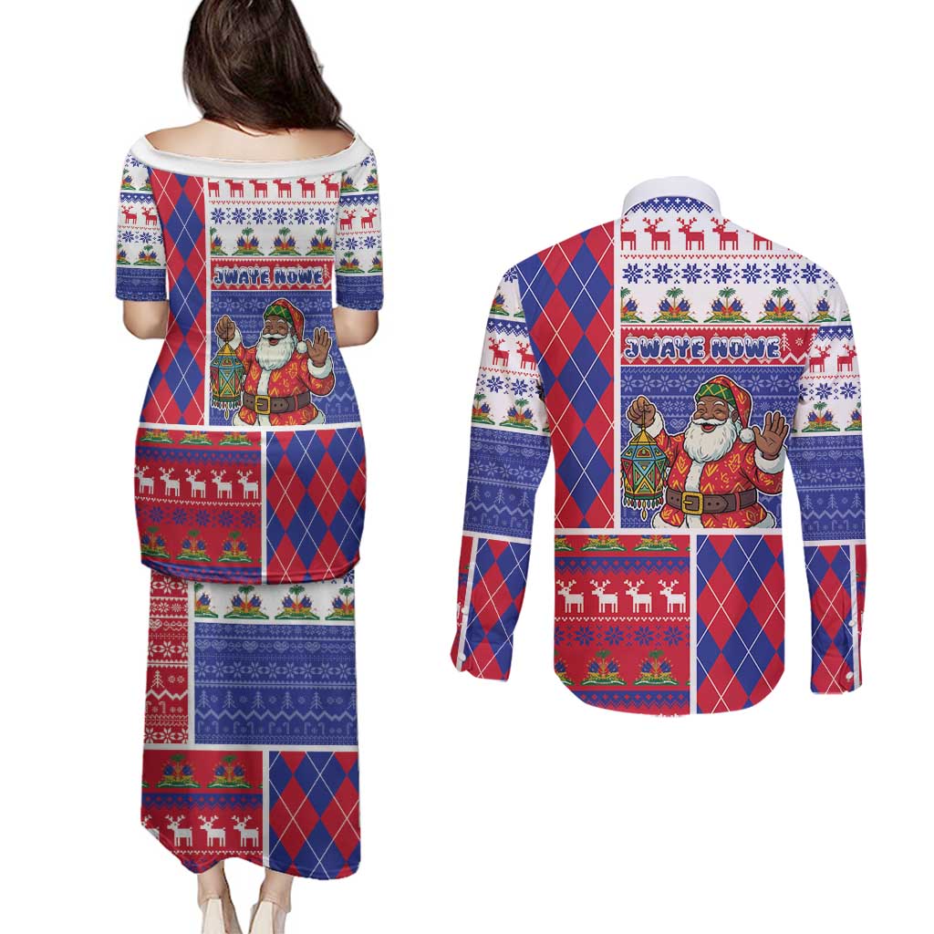 Haiti Christmas Couples Matching Puletasi and Long Sleeve Button Shirt Santa With Fanal Haitian Patchwork Style - Wonder Print Shop