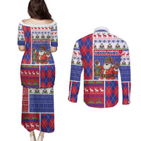 Haiti Christmas Couples Matching Puletasi and Long Sleeve Button Shirt Santa With Fanal Haitian Patchwork Style - Wonder Print Shop