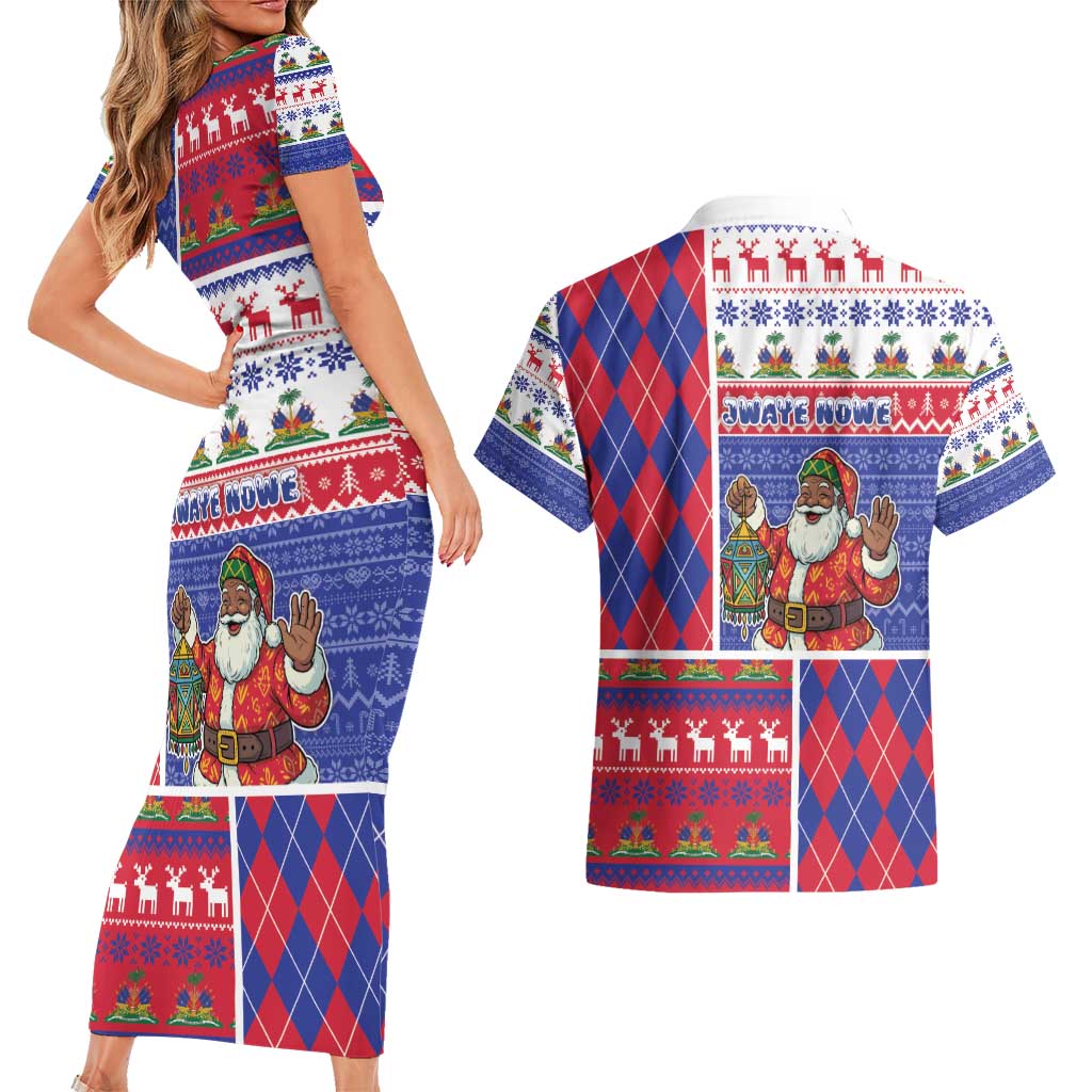 Haiti Christmas Couples Matching Short Sleeve Bodycon Dress and Hawaiian Shirt Santa With Fanal Haitian Patchwork Style - Wonder Print Shop
