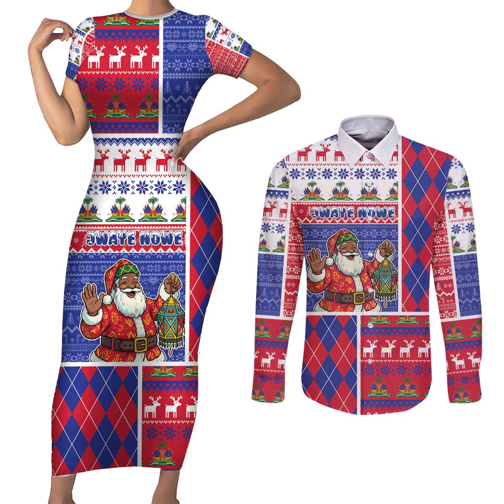 Haiti Christmas Couples Matching Short Sleeve Bodycon Dress and Long Sleeve Button Shirt Santa With Fanal Haitian Patchwork Style - Wonder Print Shop