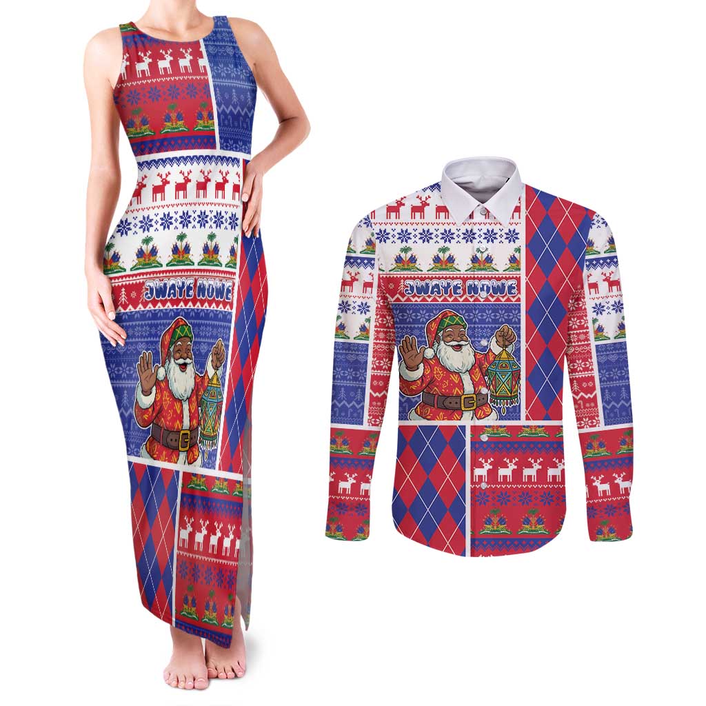 Haiti Christmas Couples Matching Tank Maxi Dress and Long Sleeve Button Shirt Santa With Fanal Haitian Patchwork Style - Wonder Print Shop