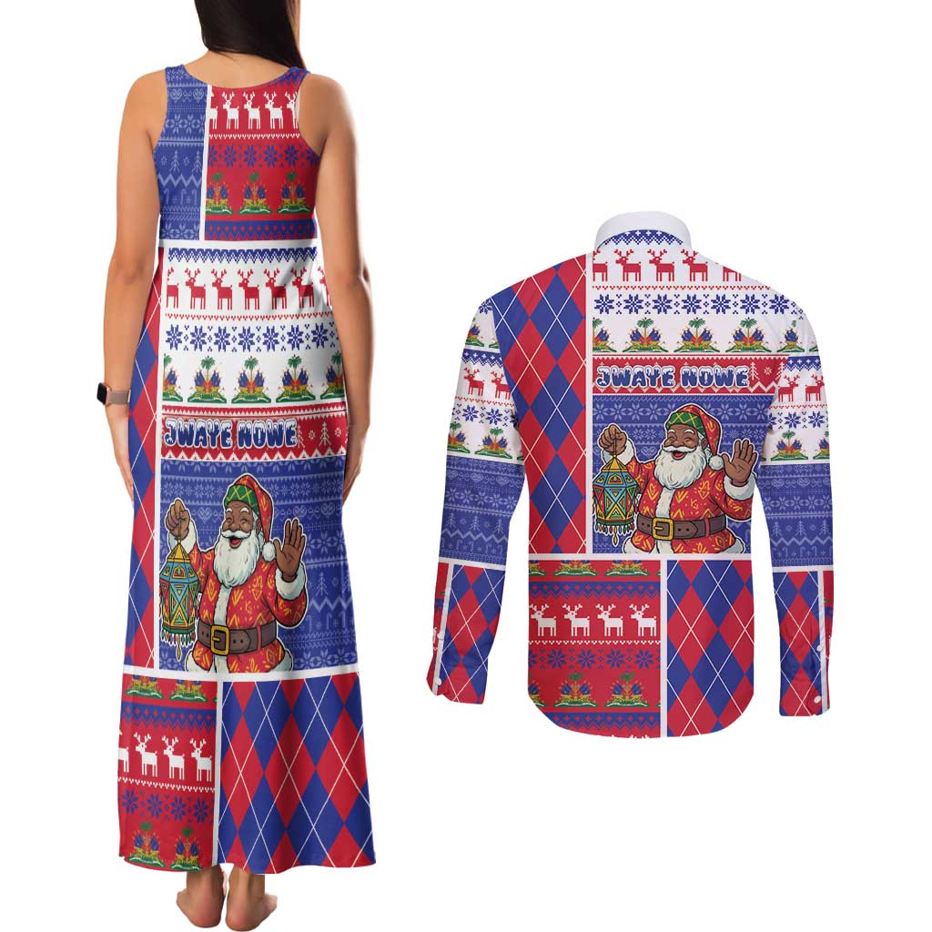 Haiti Christmas Couples Matching Tank Maxi Dress and Long Sleeve Button Shirt Santa With Fanal Haitian Patchwork Style - Wonder Print Shop