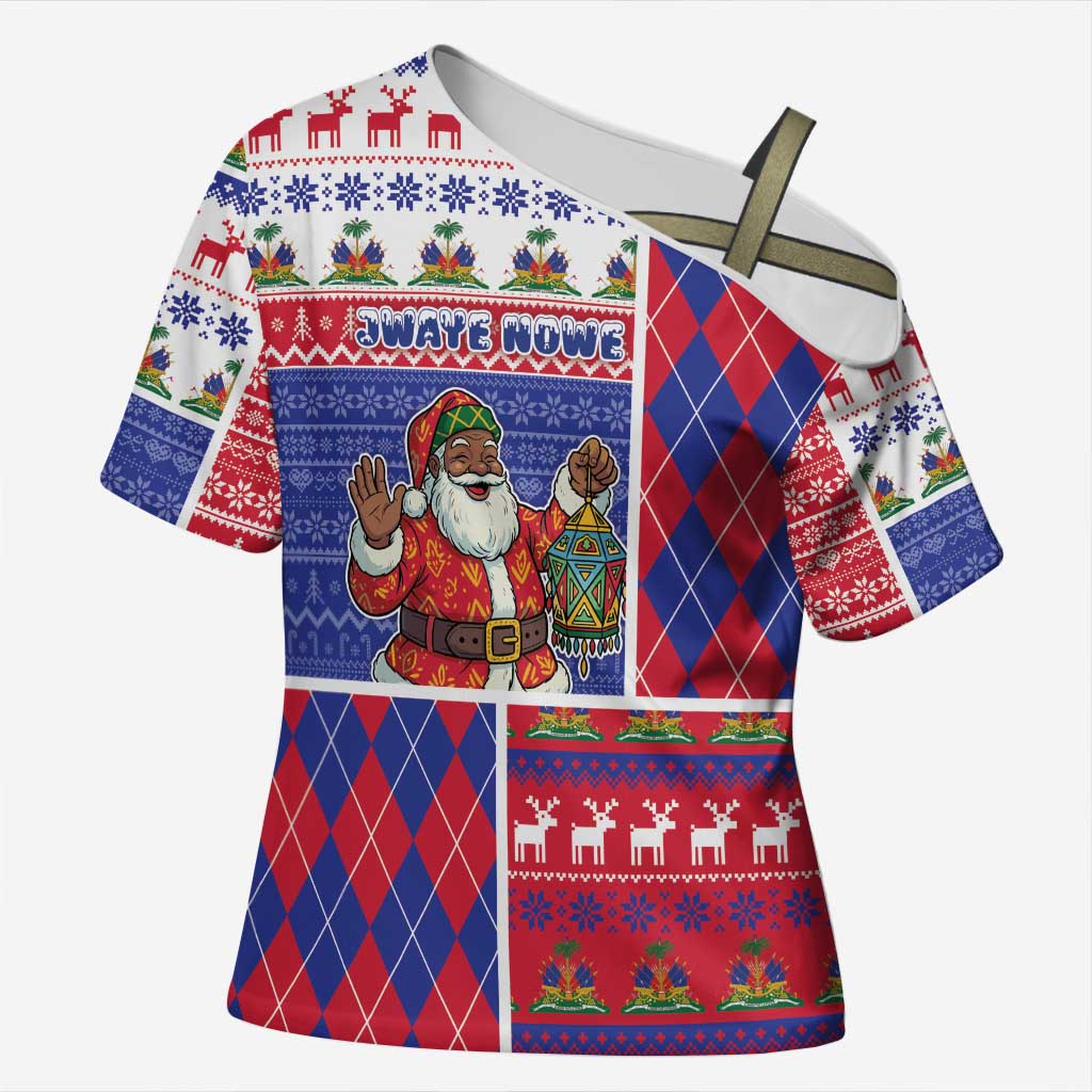 Haiti Christmas Cross Shoulder Shirt Santa With Fanal Haitian Patchwork Style - Wonder Print Shop