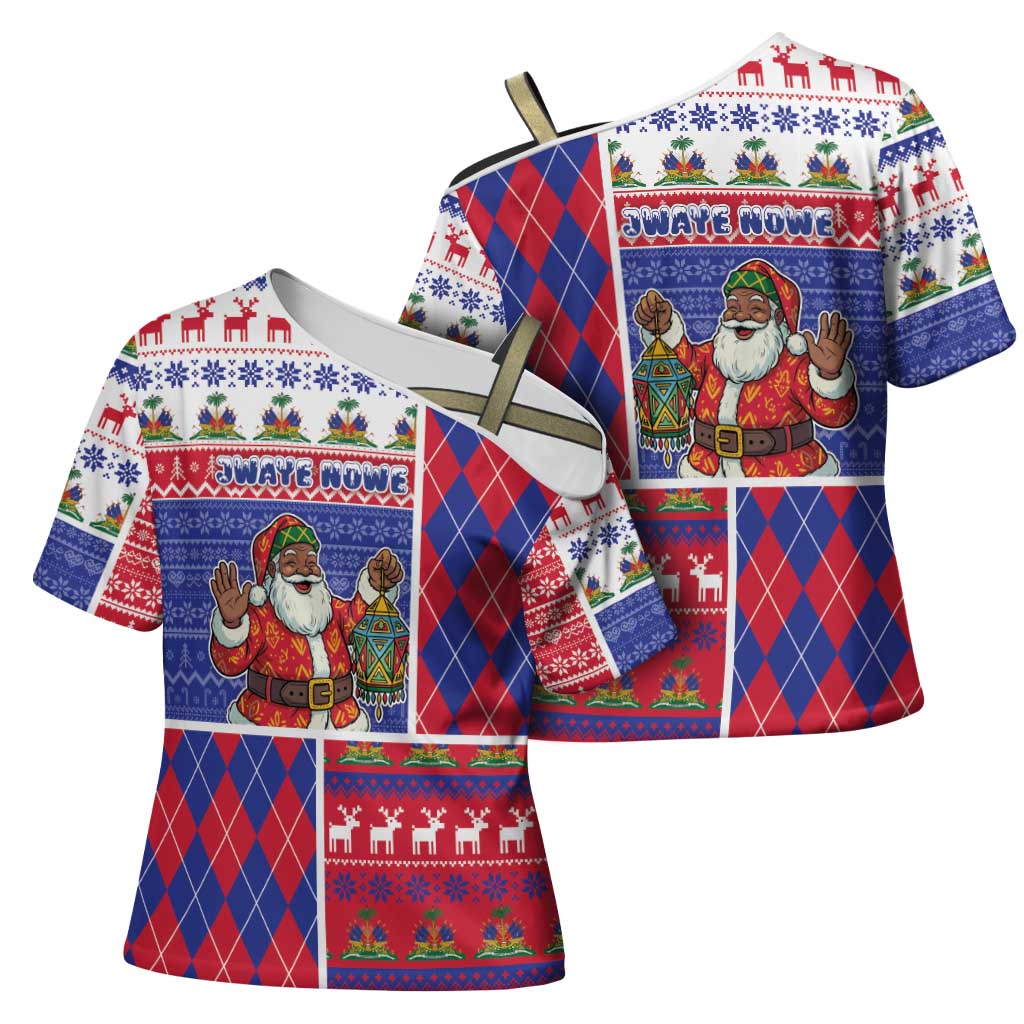 Haiti Christmas Cross Shoulder Shirt Santa With Fanal Haitian Patchwork Style - Wonder Print Shop