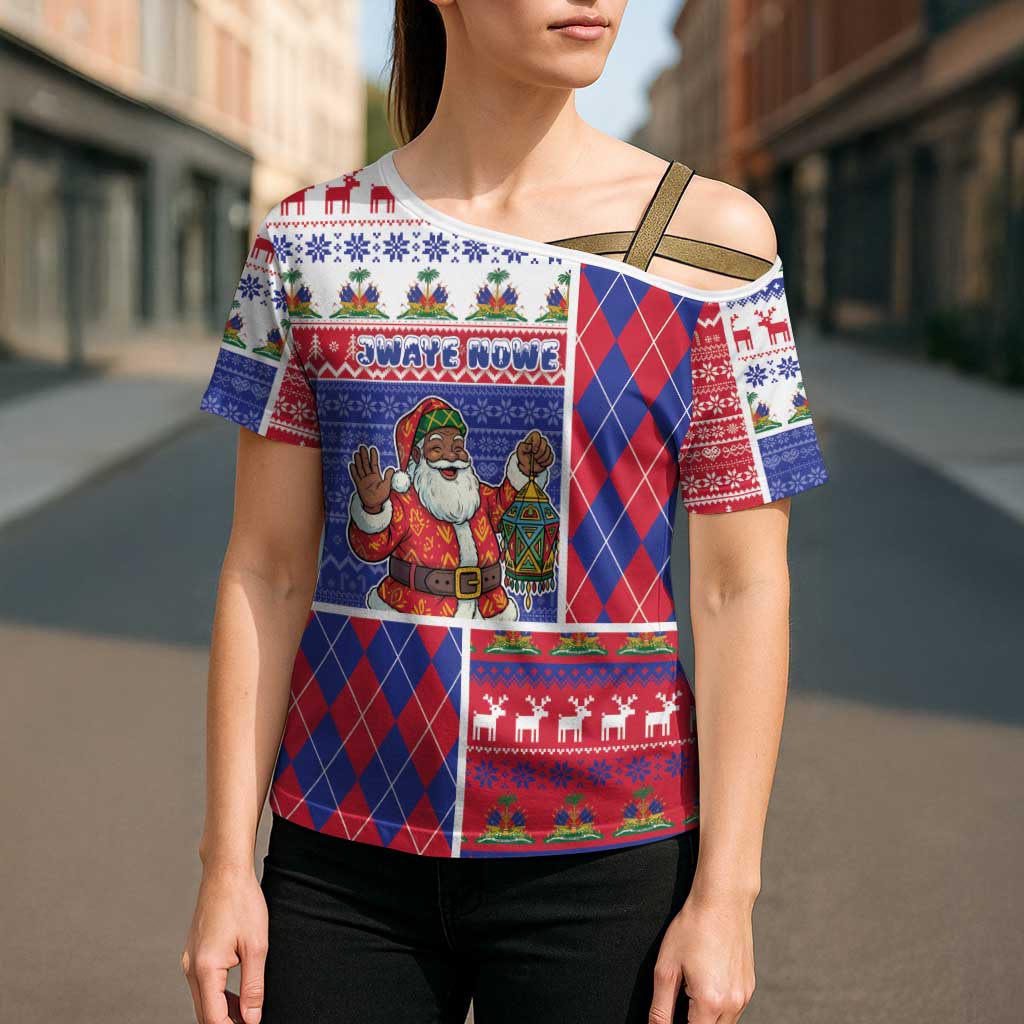 Haiti Christmas Cross Shoulder Shirt Santa With Fanal Haitian Patchwork Style - Wonder Print Shop