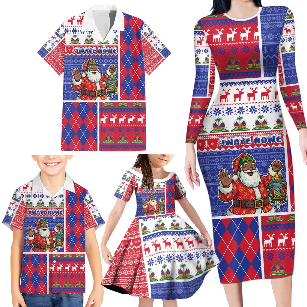 Haiti Christmas Family Matching Long Sleeve Bodycon Dress and Hawaiian Shirt Santa With Fanal Haitian Patchwork Style - Wonder Print Shop