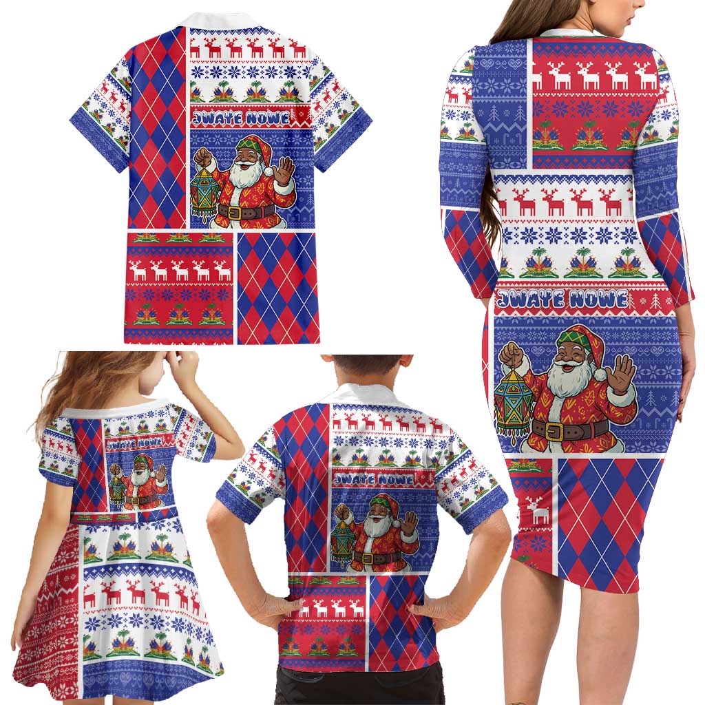 Haiti Christmas Family Matching Long Sleeve Bodycon Dress and Hawaiian Shirt Santa With Fanal Haitian Patchwork Style - Wonder Print Shop