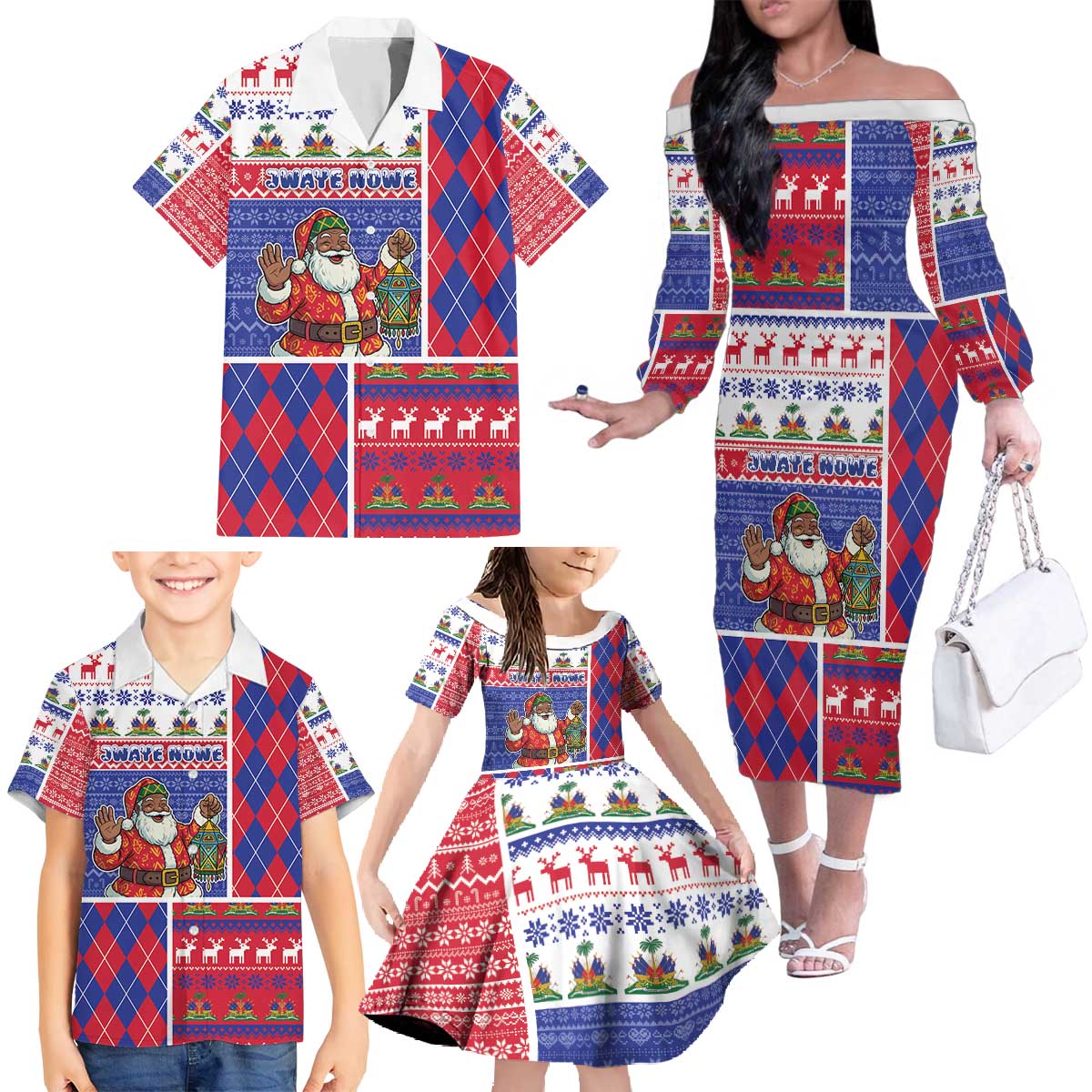 Haiti Christmas Family Matching Off The Shoulder Long Sleeve Dress and Hawaiian Shirt Santa With Fanal Haitian Patchwork Style - Wonder Print Shop
