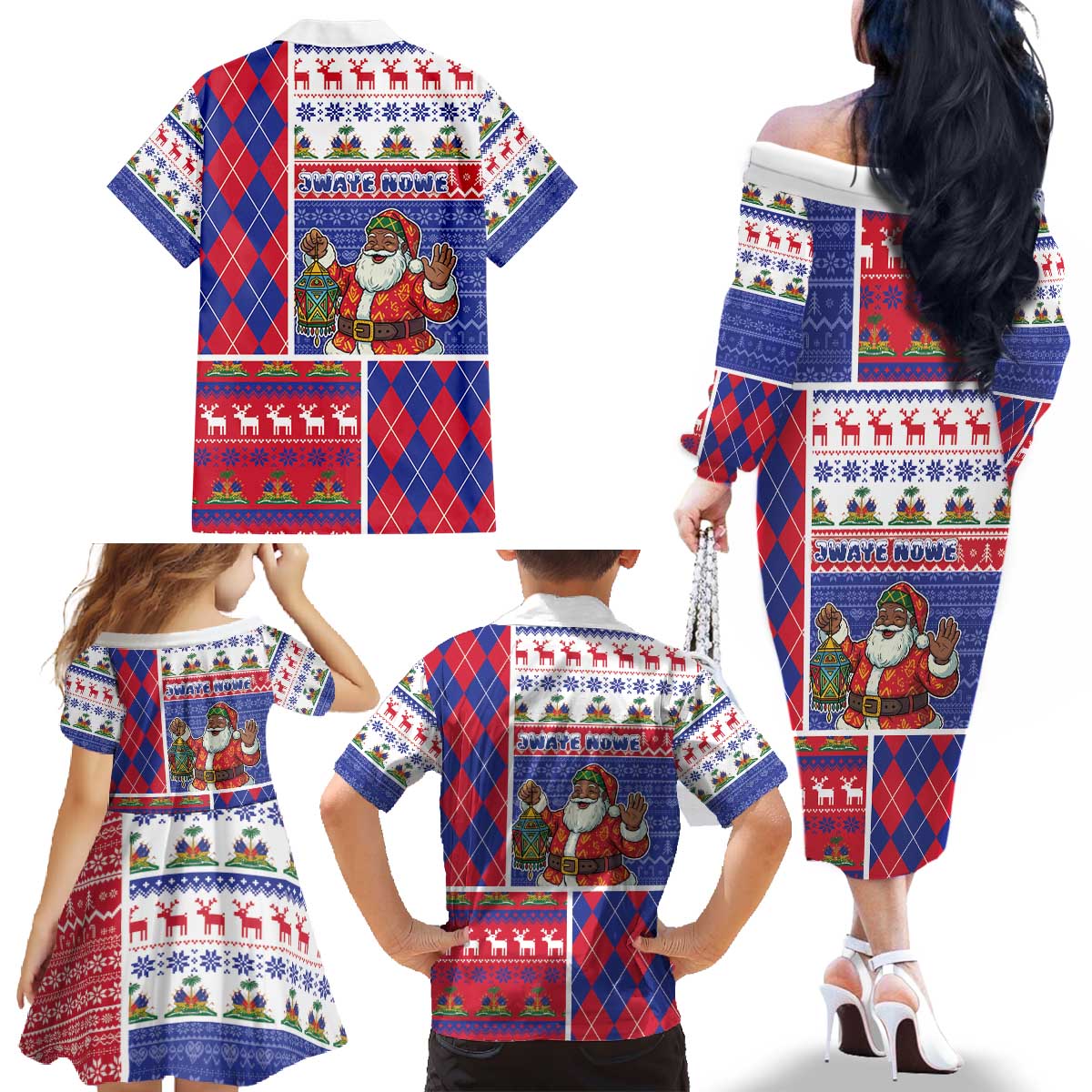 Haiti Christmas Family Matching Off The Shoulder Long Sleeve Dress and Hawaiian Shirt Santa With Fanal Haitian Patchwork Style - Wonder Print Shop