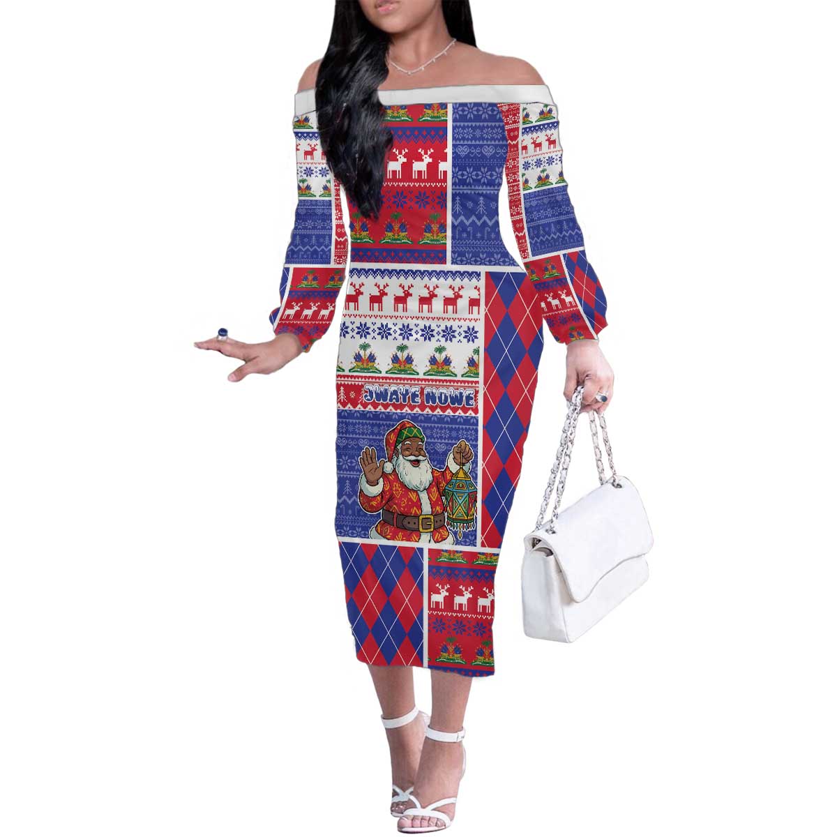 Haiti Christmas Family Matching Off The Shoulder Long Sleeve Dress and Hawaiian Shirt Santa With Fanal Haitian Patchwork Style - Wonder Print Shop