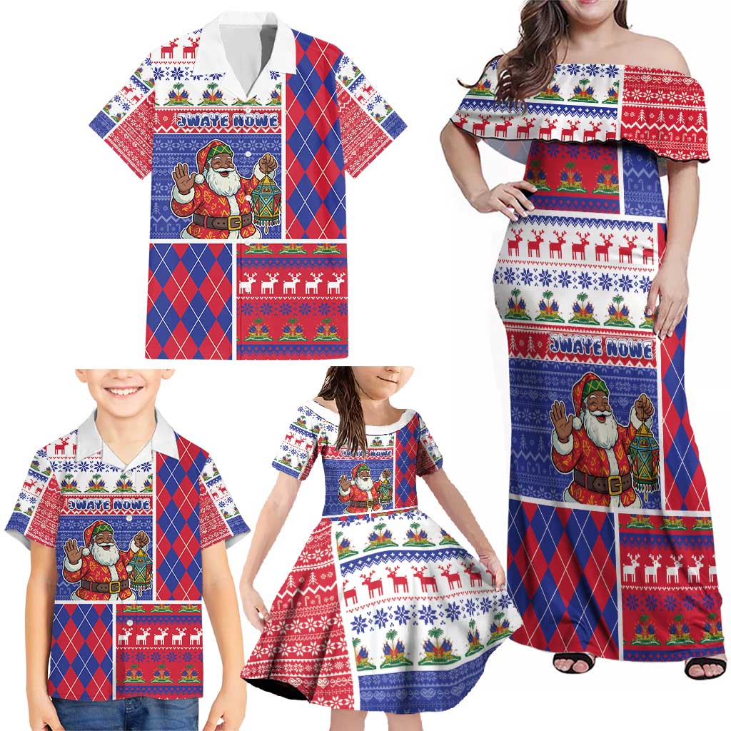 Haiti Christmas Family Matching Off Shoulder Maxi Dress and Hawaiian Shirt Santa With Fanal Haitian Patchwork Style - Wonder Print Shop